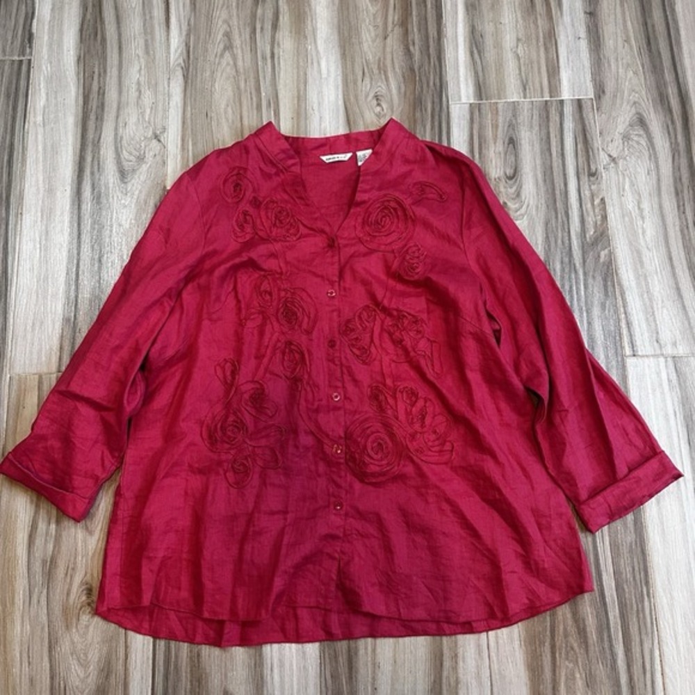Richard Malcolm 2X Linen Shirt Top Pink Floral‎ Embellished 3/4 Sleeve Summer